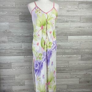 Vanity Floral Bloom White Pink Trim Long Lingerie Dress With High Slits size 32